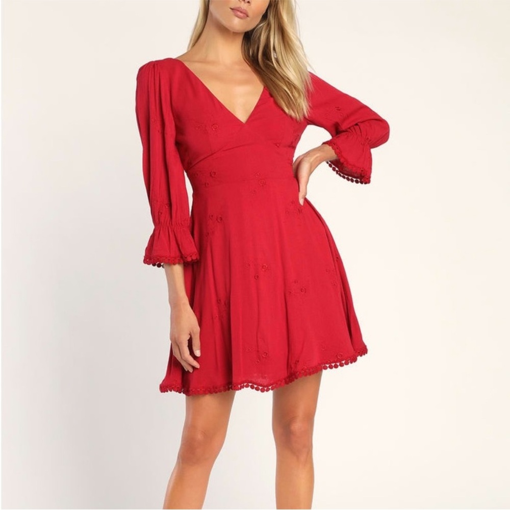 Lulu's Red Ribbed Wrap Mini Dress with Bishop Sleeves